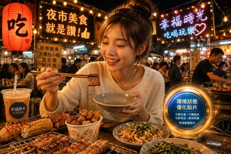 夜市暖色燈光下享用小吃的女孩,呈現吃的品牌故事